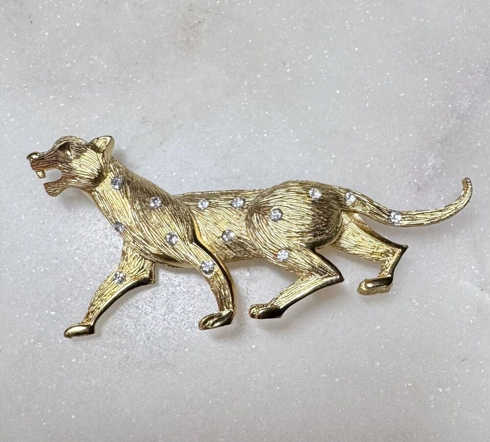 Vintage Gold Tone Rhinestone Panther Leopard Brooch Pin Cat Cheetah